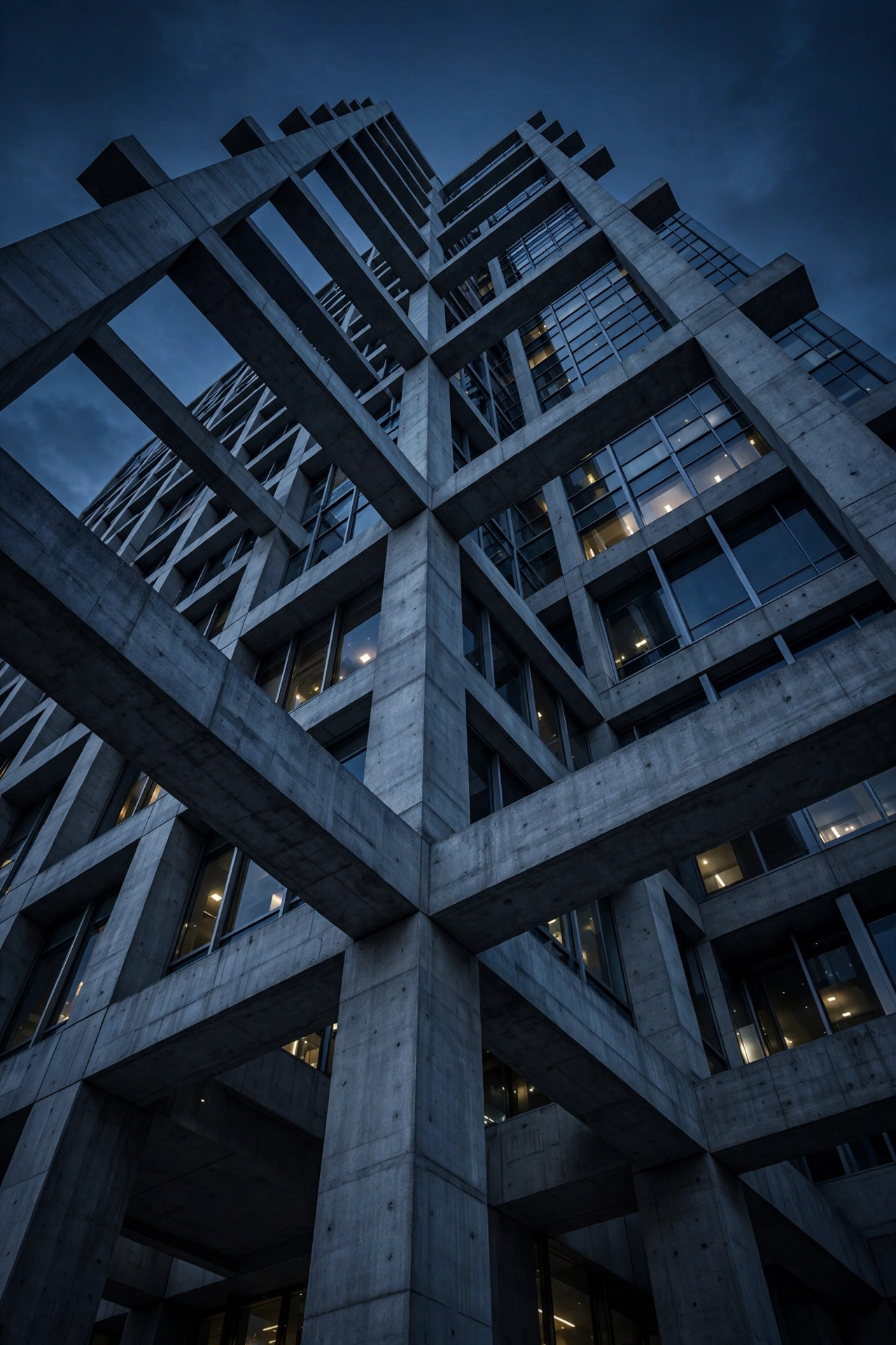 Concrete federal-style building photographed from below at dusk, with illuminated windows