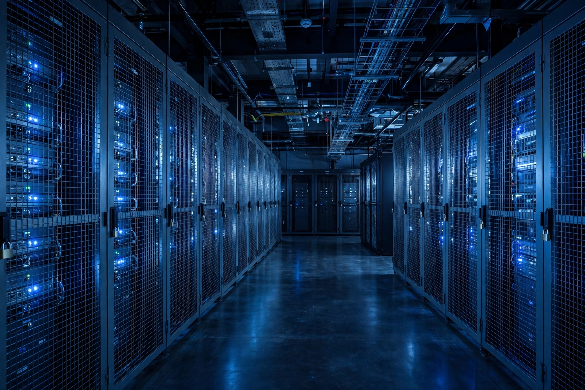 Server racks behind a locked security cage in a data center