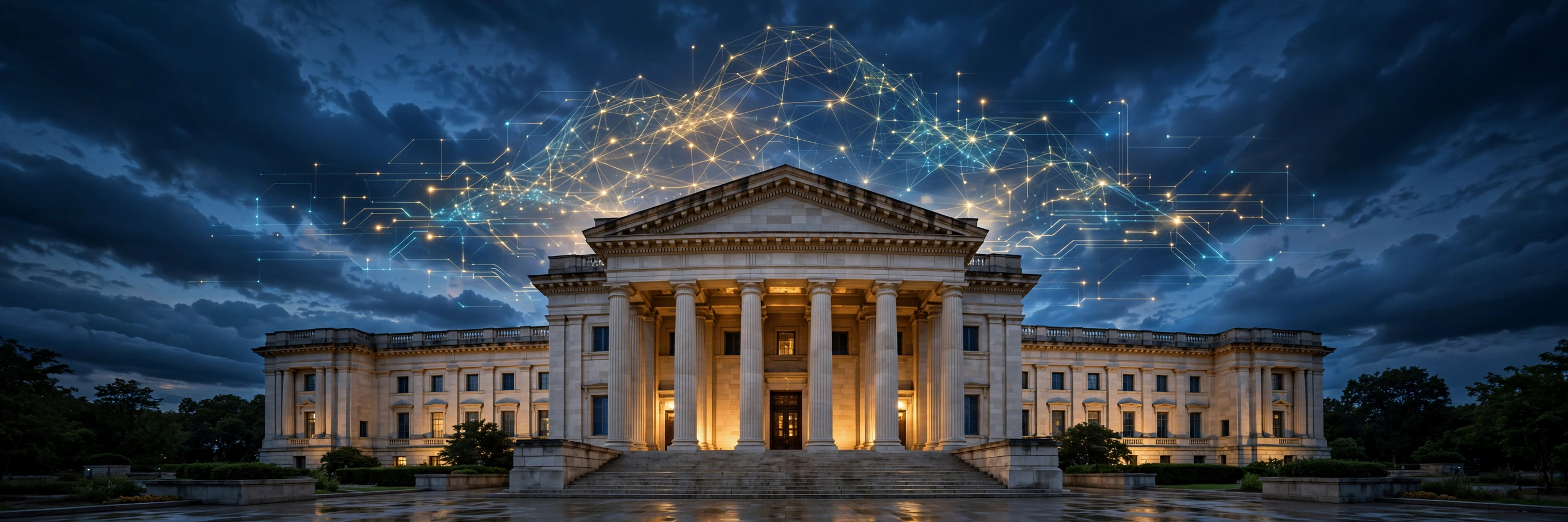 Government building under a digital cloud